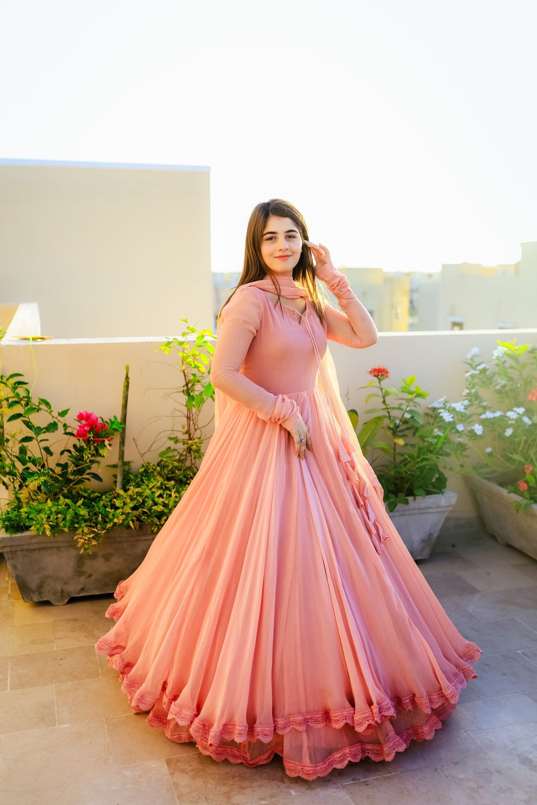 SOLID PEACH LONG FLAIR DOUBLE LAYERED ANARKALI WITH DUPATTA