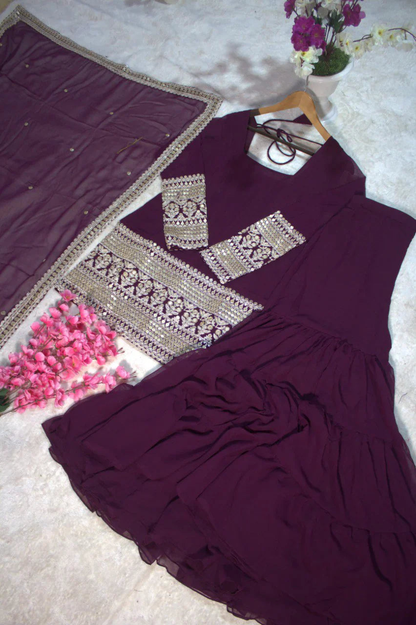 Purple Georgette Micro Cotton 3 Layer Sharara Suit Set