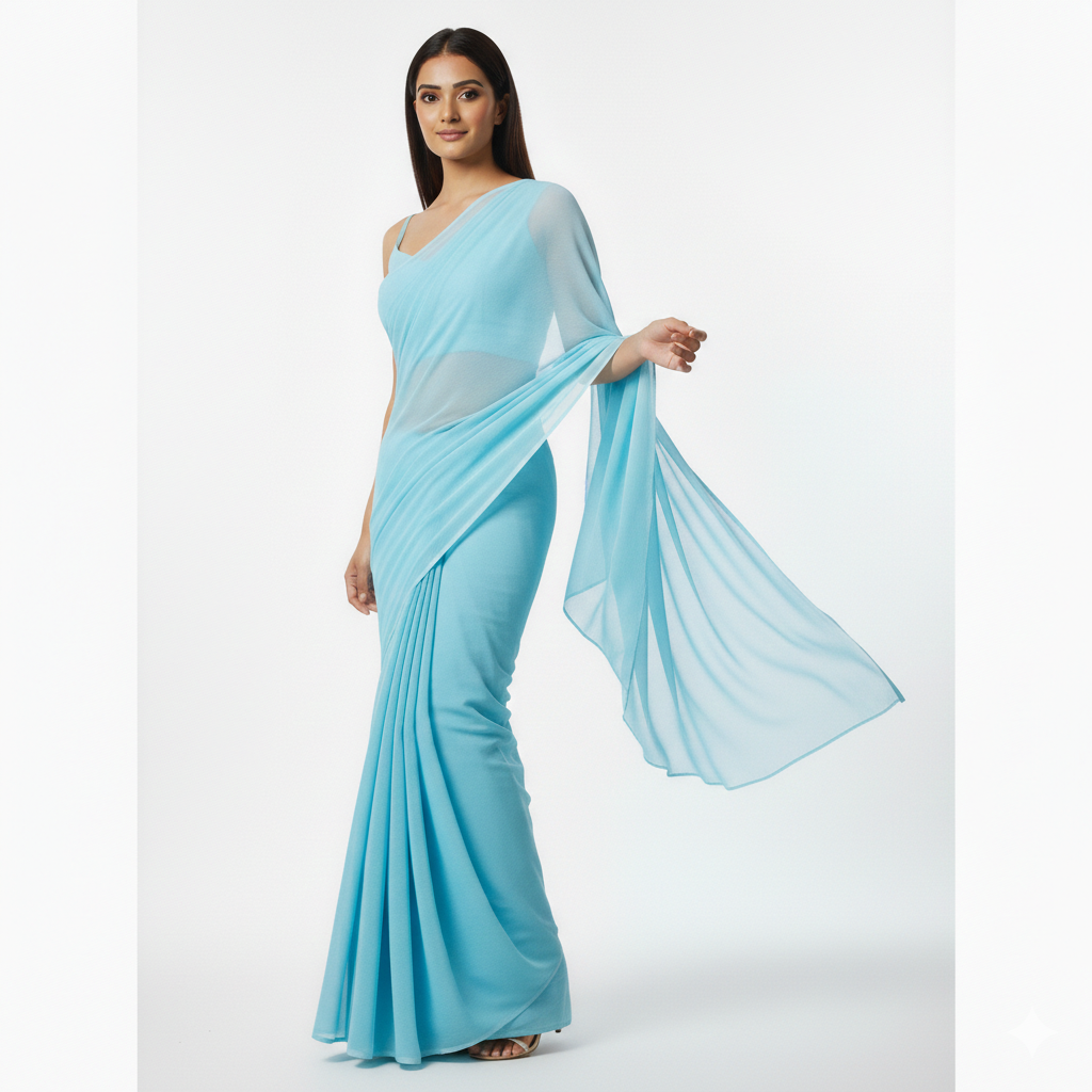 Celeste Powder Blue Saree Gown – Indo-Western One-Piece with Attached Pallu