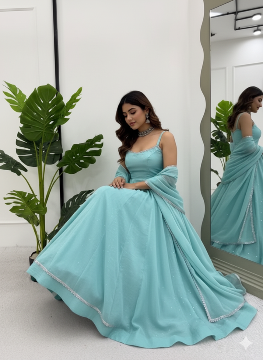 The Serene Sky Crunch Silk Anarkali Gown Set