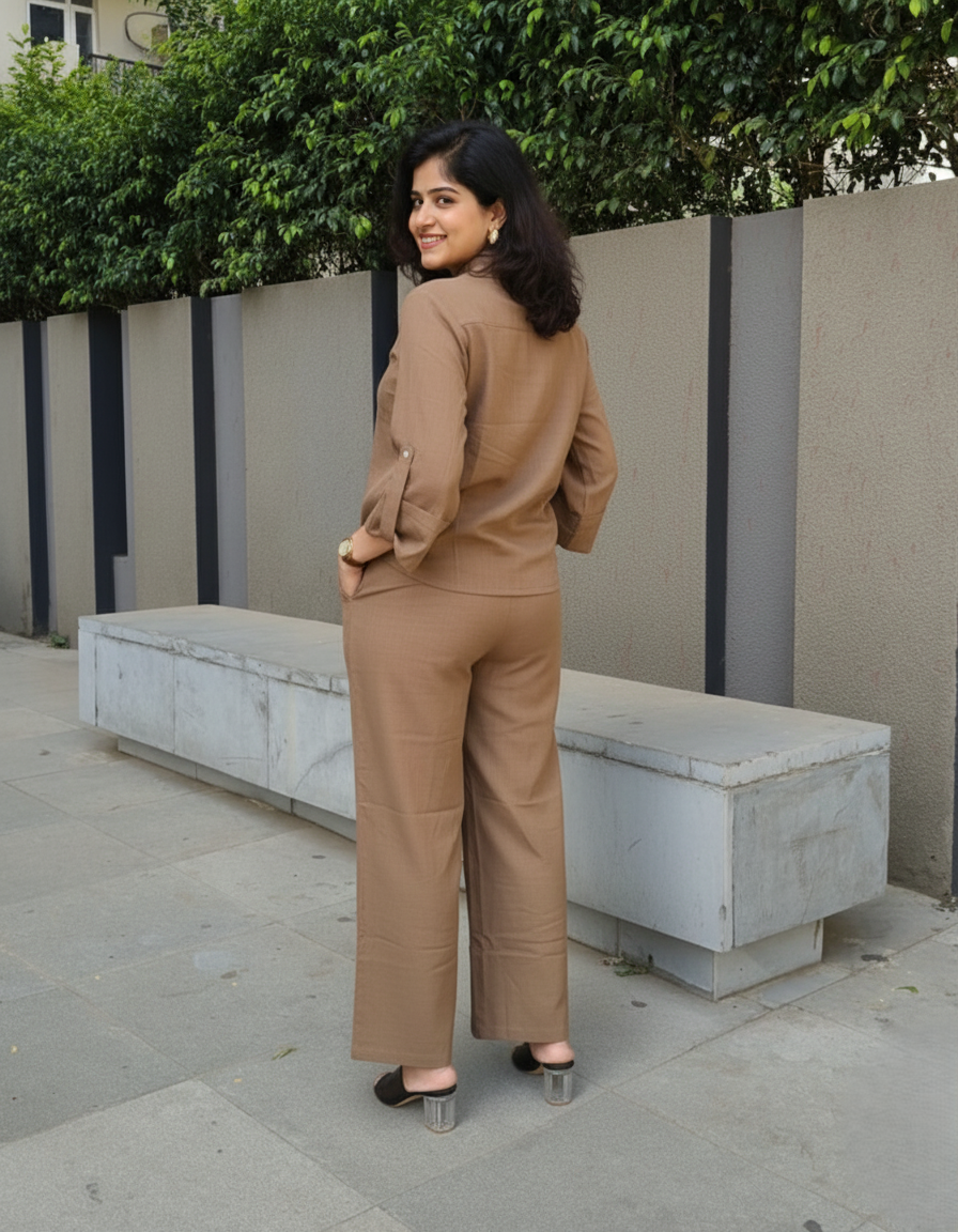 Neutral Chic Co-ord Set for Women in Cotton Slub | Relaxed Shirt & Pants