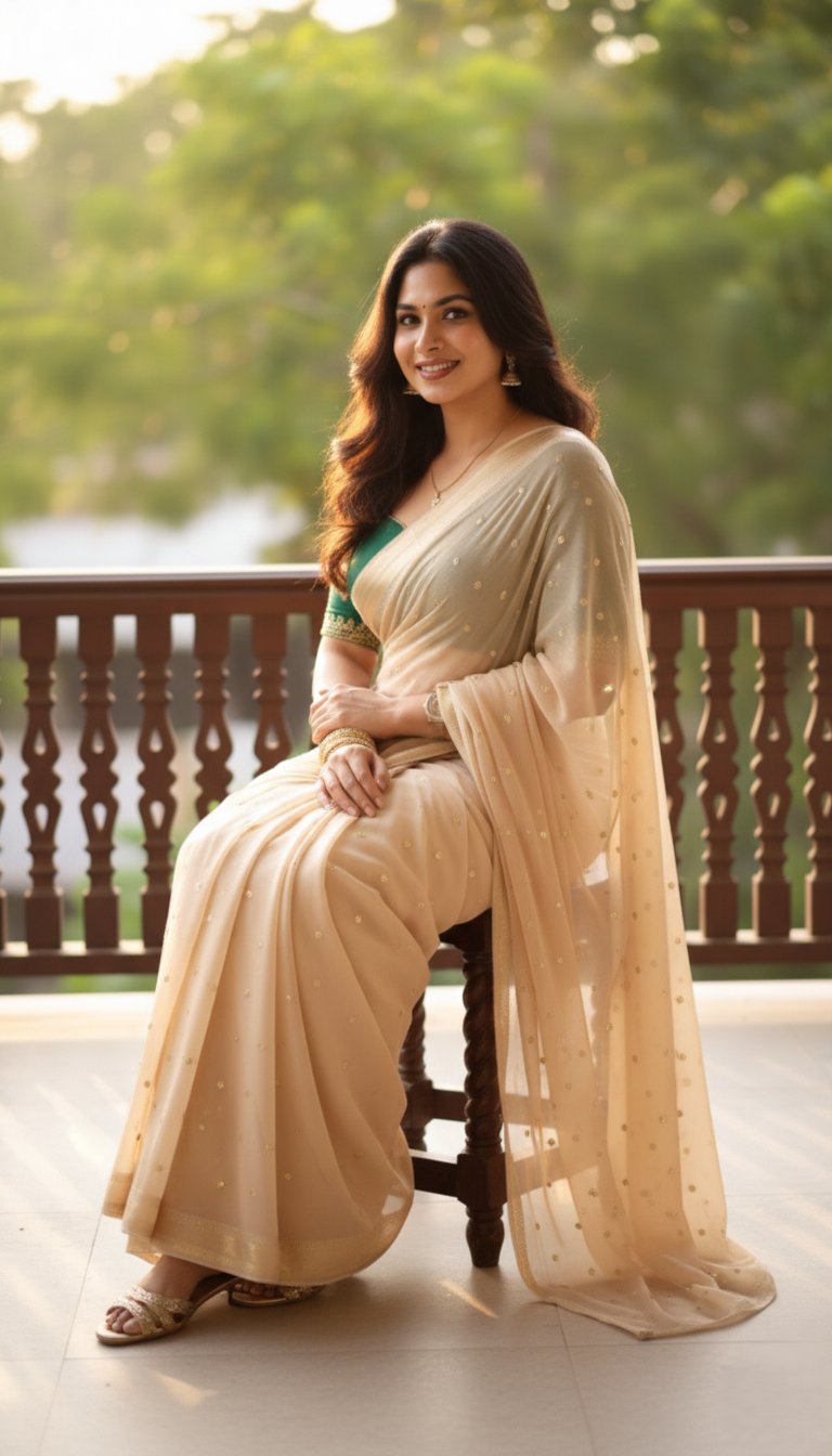 The Stardust Beige Saree (Premium Lightweight Net with Gold Sequin Work)