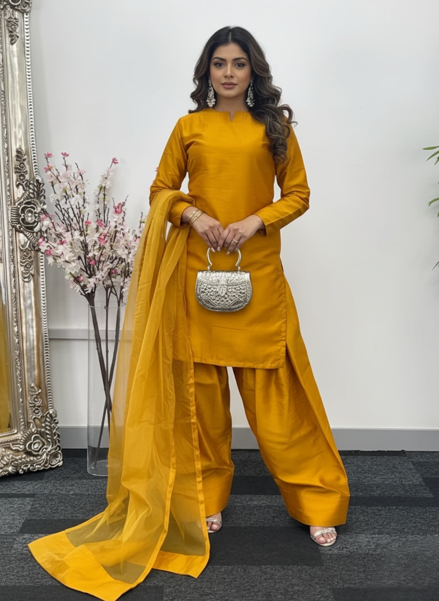 Party Wear 3-Piece Dress in Korian Silk with Organza Dupatta