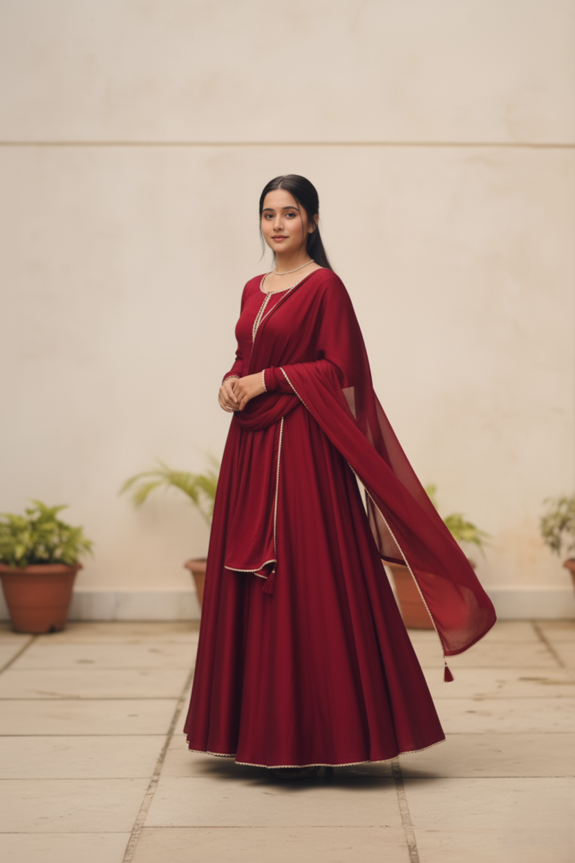 Maroon Pearl Border Anarkali Suit