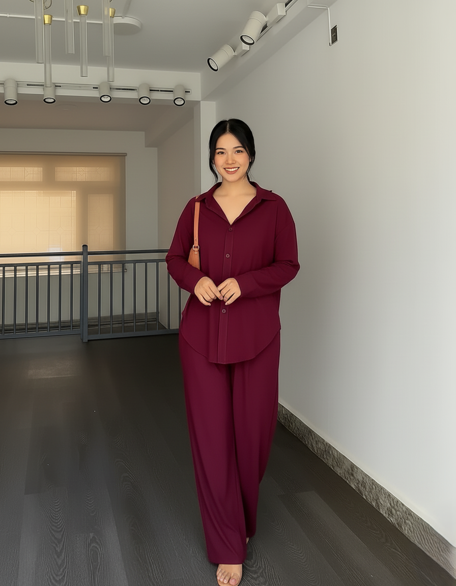 Wine Crush Co-ord Set for Women Solid Button-Down Shirt & Relaxed Pants -Vastramaniaa