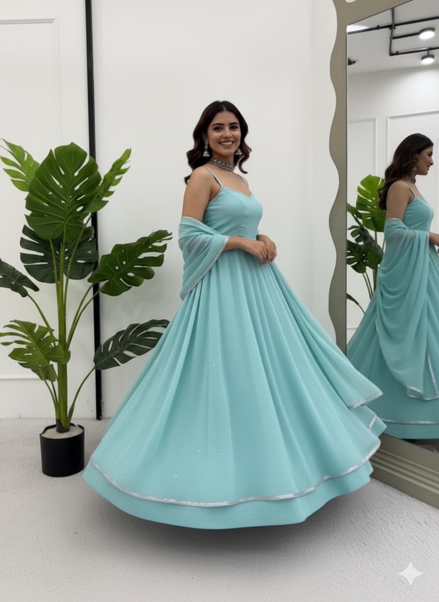 The Serene Sky Crunch Silk Anarkali Gown Set