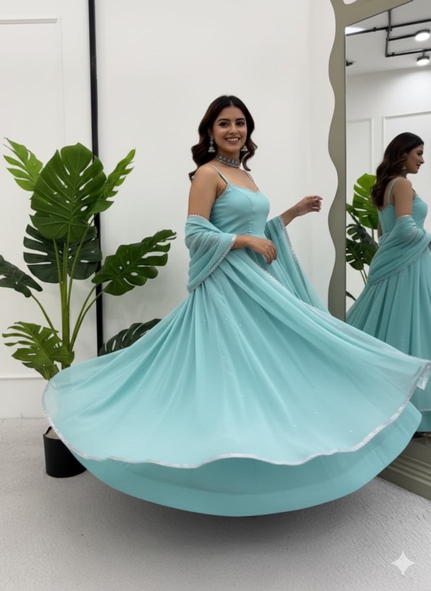 The Serene Sky Crunch Silk Anarkali Gown Set