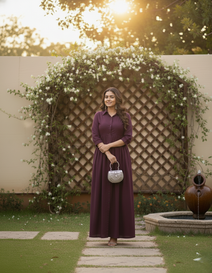 Women's Wine Rayon Long Shirt-Style Office Wear Dress with Front Slit