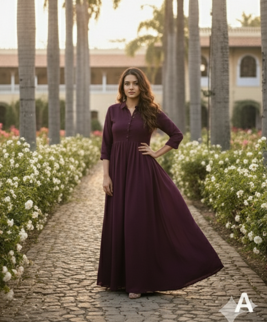 Women's Wine Rayon Long Shirt-Style Office Wear Dress with Front Slit