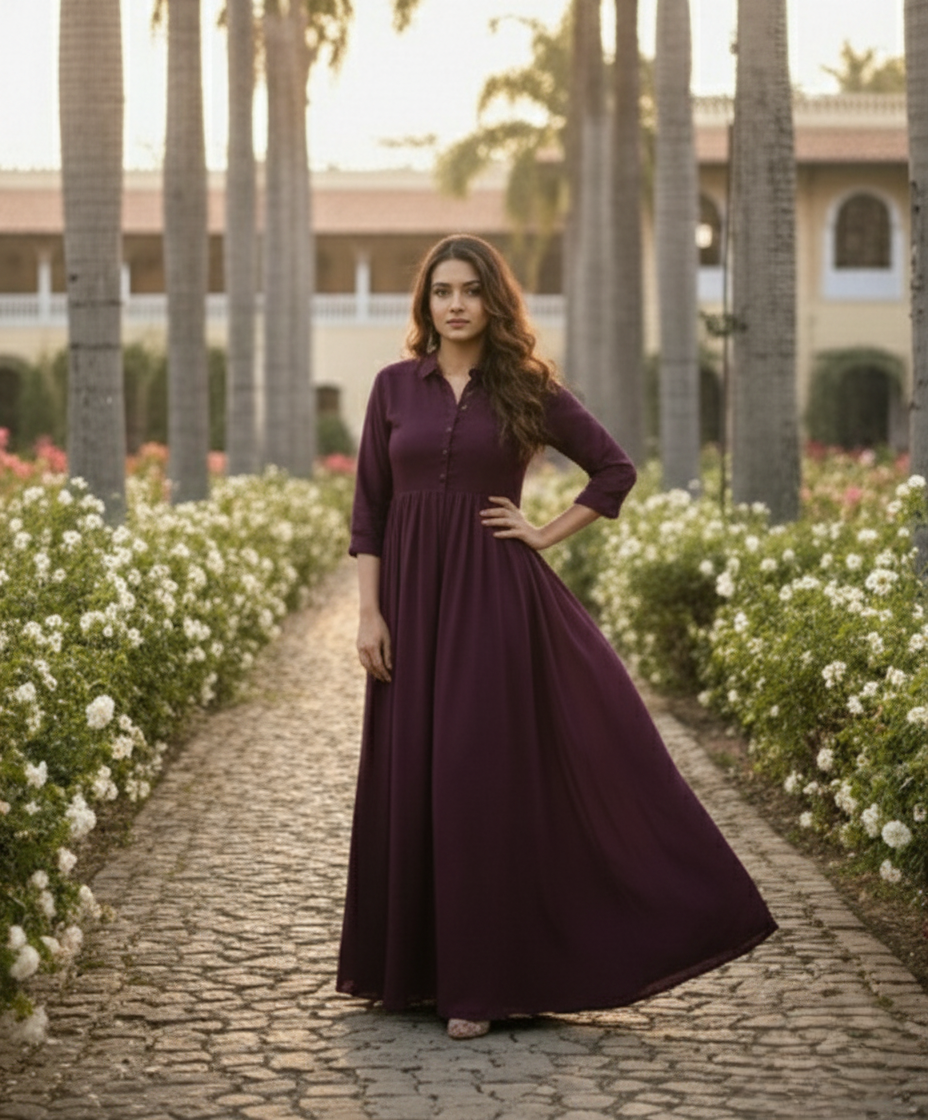 Women's Wine Rayon Long Shirt-Style Office Wear Dress with Front Slit