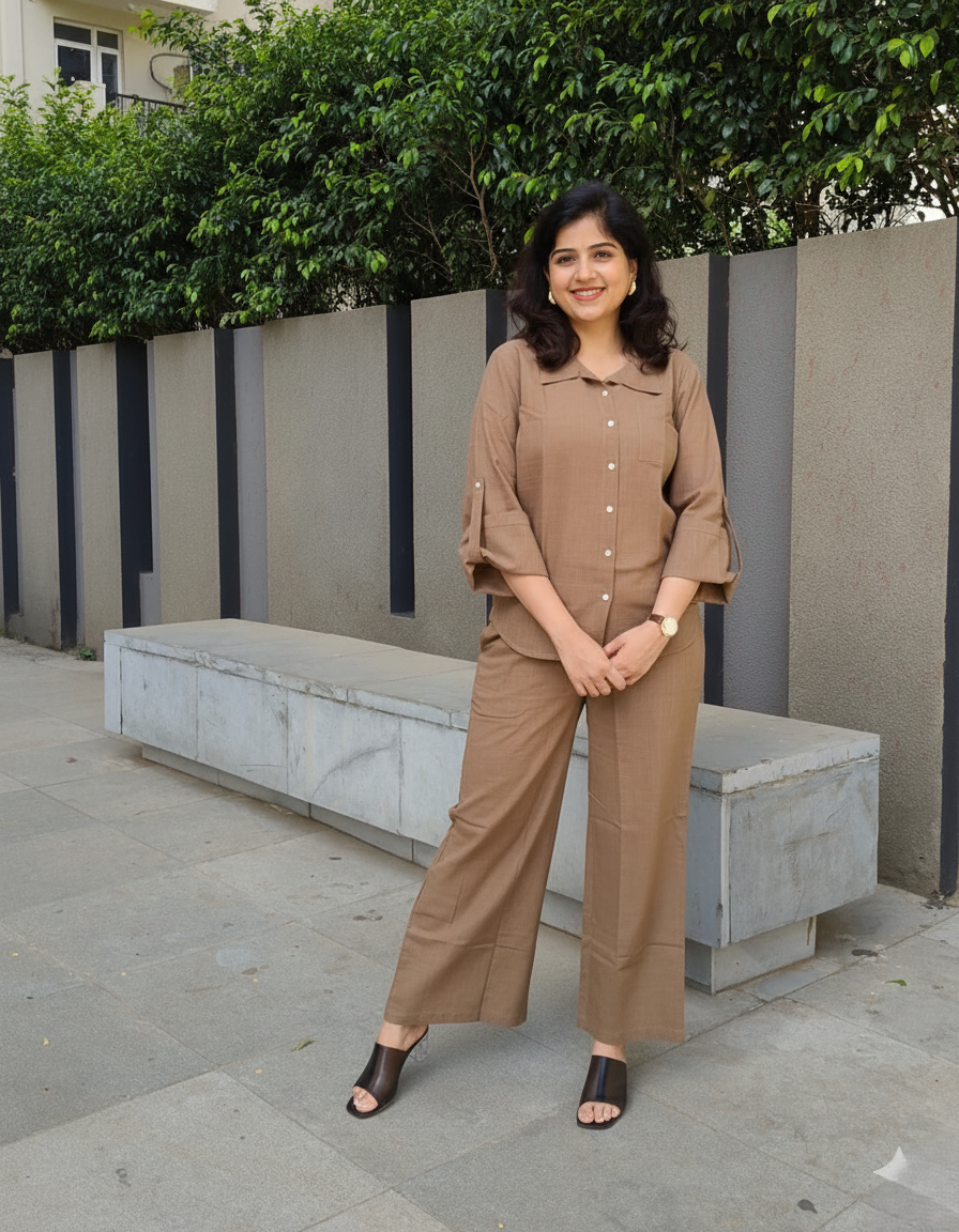 Neutral Chic Co-ord Set for Women in Cotton Slub | Relaxed Shirt & Pants