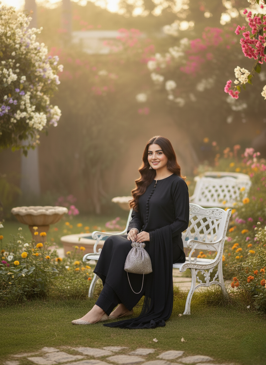 Black Pakistani Kurta pant set with chiffon Dupatta