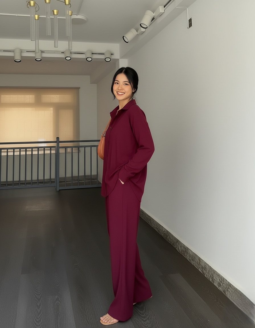 Wine Crush Co-ord Set for Women Solid Button-Down Shirt & Relaxed Pants -Vastramaniaa