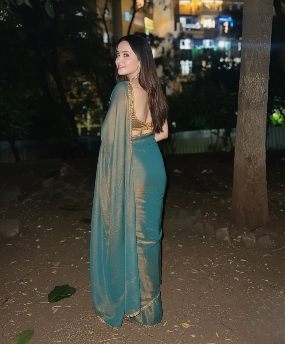 ELEGANT SHIMMER TISSUE TEAL BLUE SAREE LIGHTWEIGHT & STYLISH DRAPE