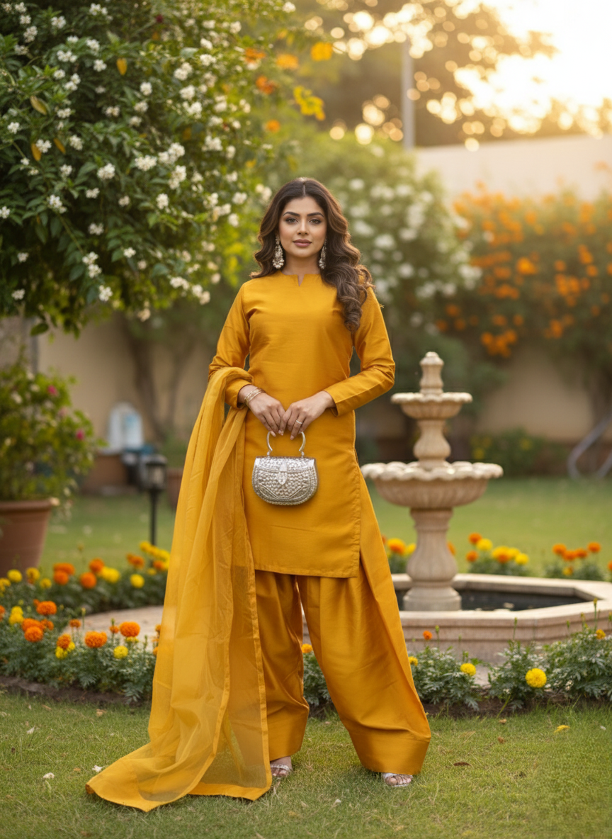 Party Wear 3-Piece Dress in Korian Silk with Organza Dupatta