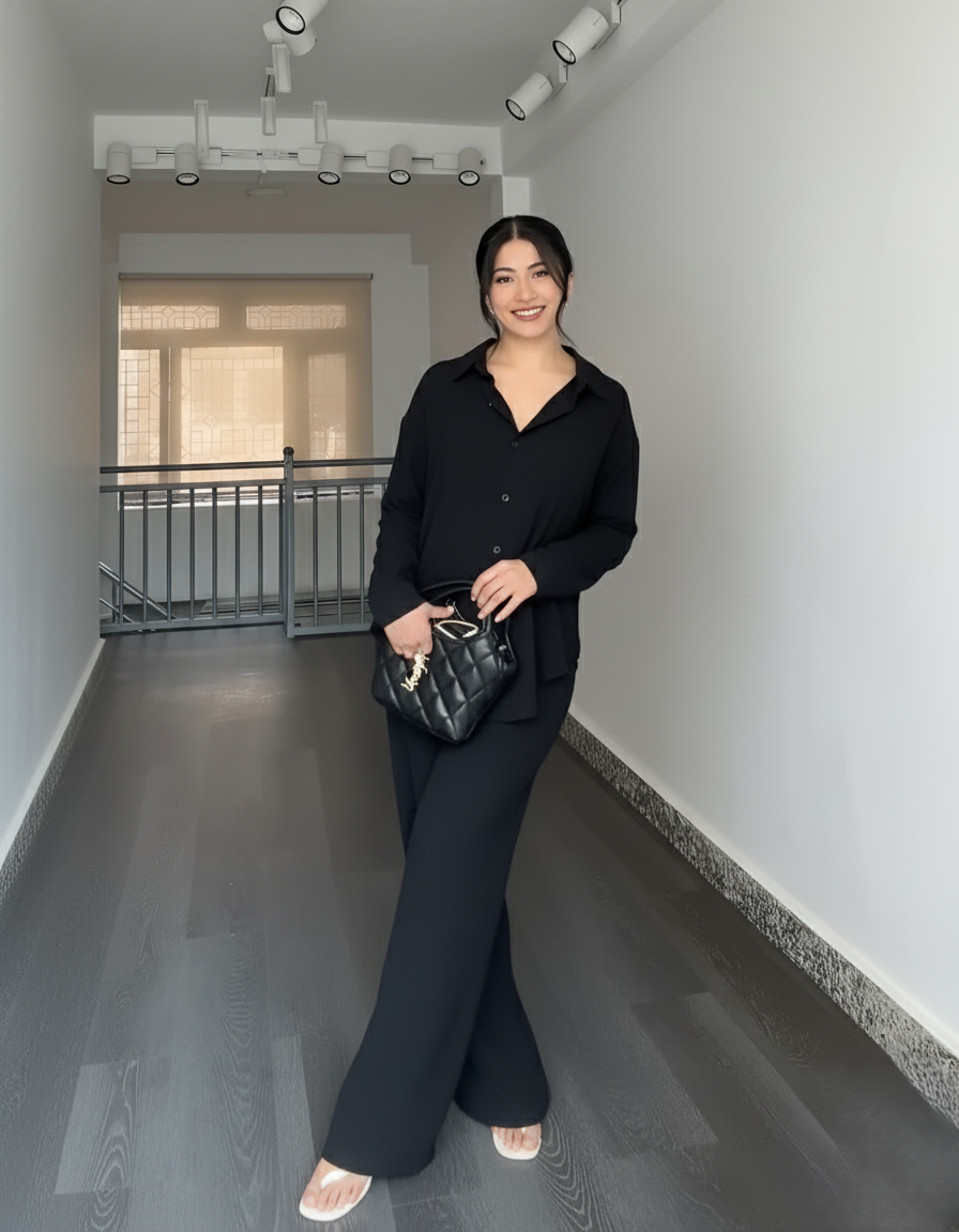 Solid Button-Down Shirt & Relaxed Pants Co-ord Set for Women