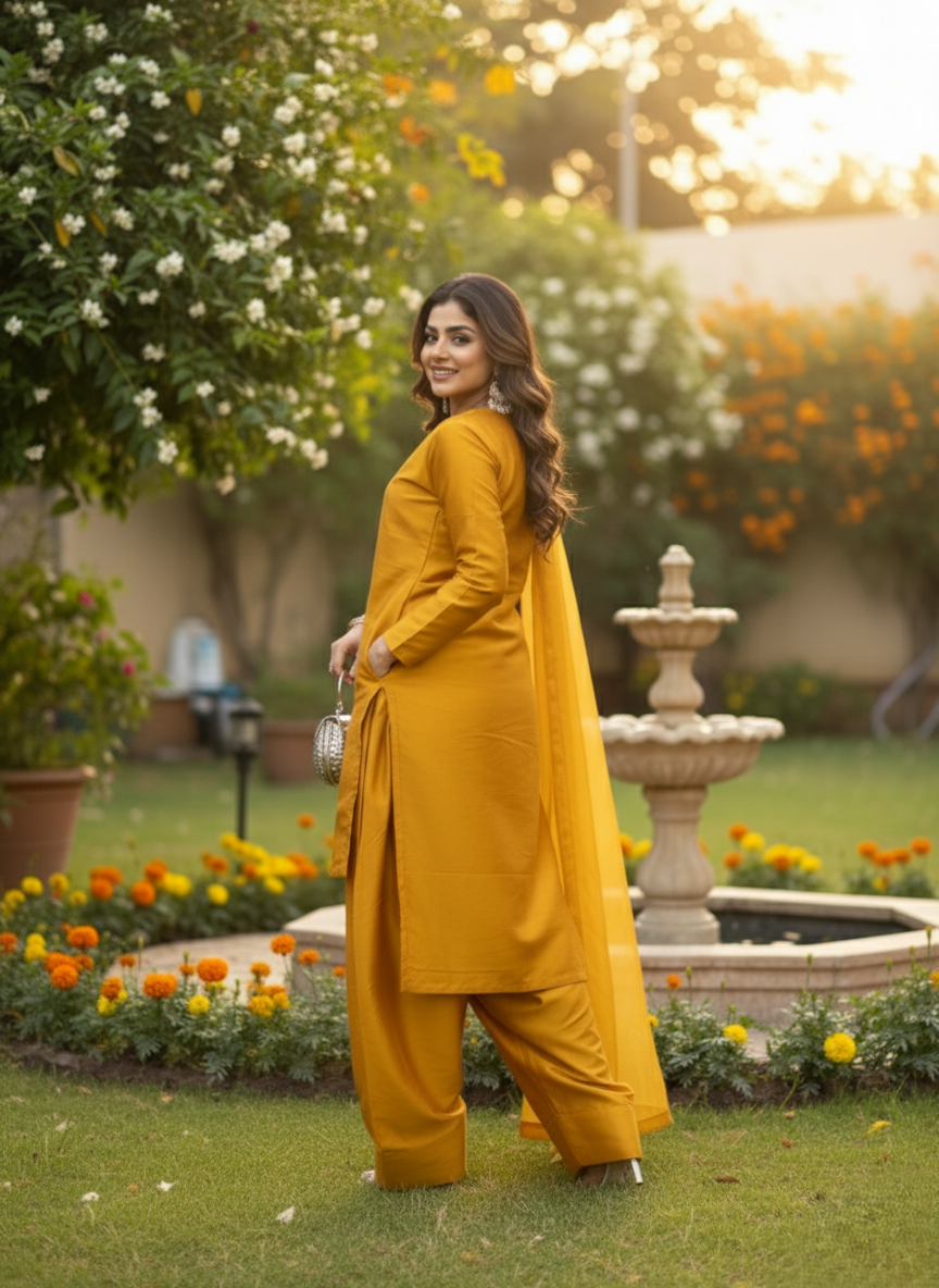 Party Wear 3-Piece Dress in Korian Silk with Organza Dupatta