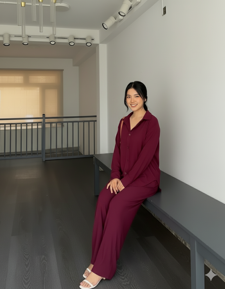 Wine Crush Co-ord Set for Women Solid Button-Down Shirt & Relaxed Pants -Vastramaniaa