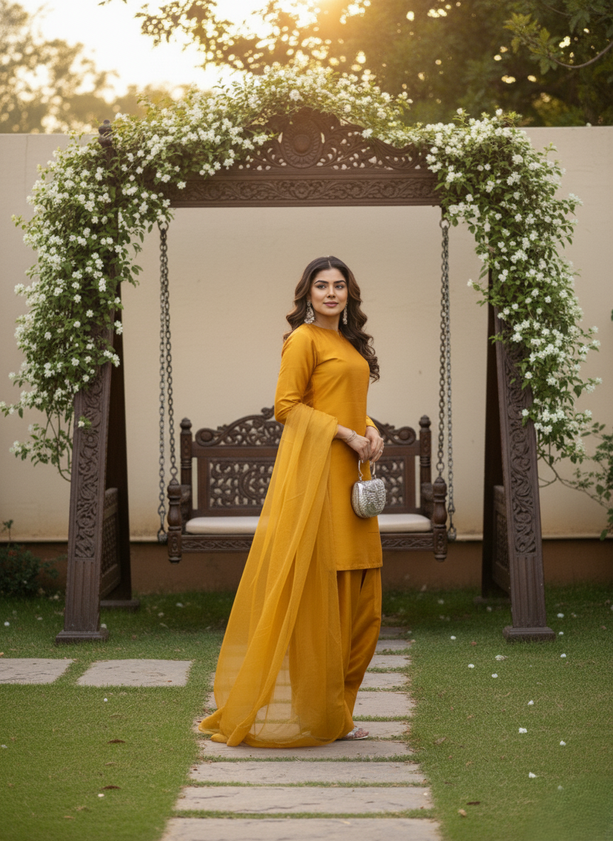 Party Wear 3-Piece Dress in Korian Silk with Organza Dupatta