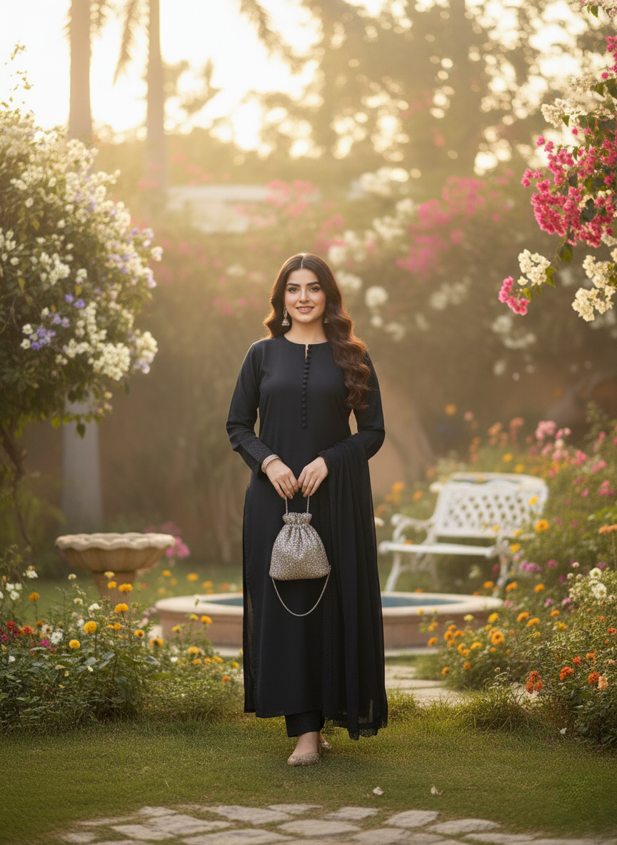 Black Pakistani Kurta pant set with chiffon Dupatta