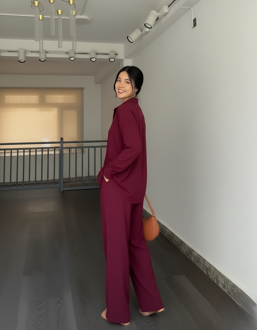 Wine Crush Co-ord Set for Women Solid Button-Down Shirt & Relaxed Pants -Vastramaniaa