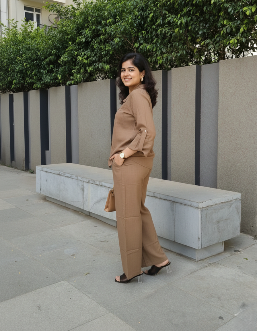 Neutral Chic Co-ord Set for Women in Cotton Slub | Relaxed Shirt & Pants