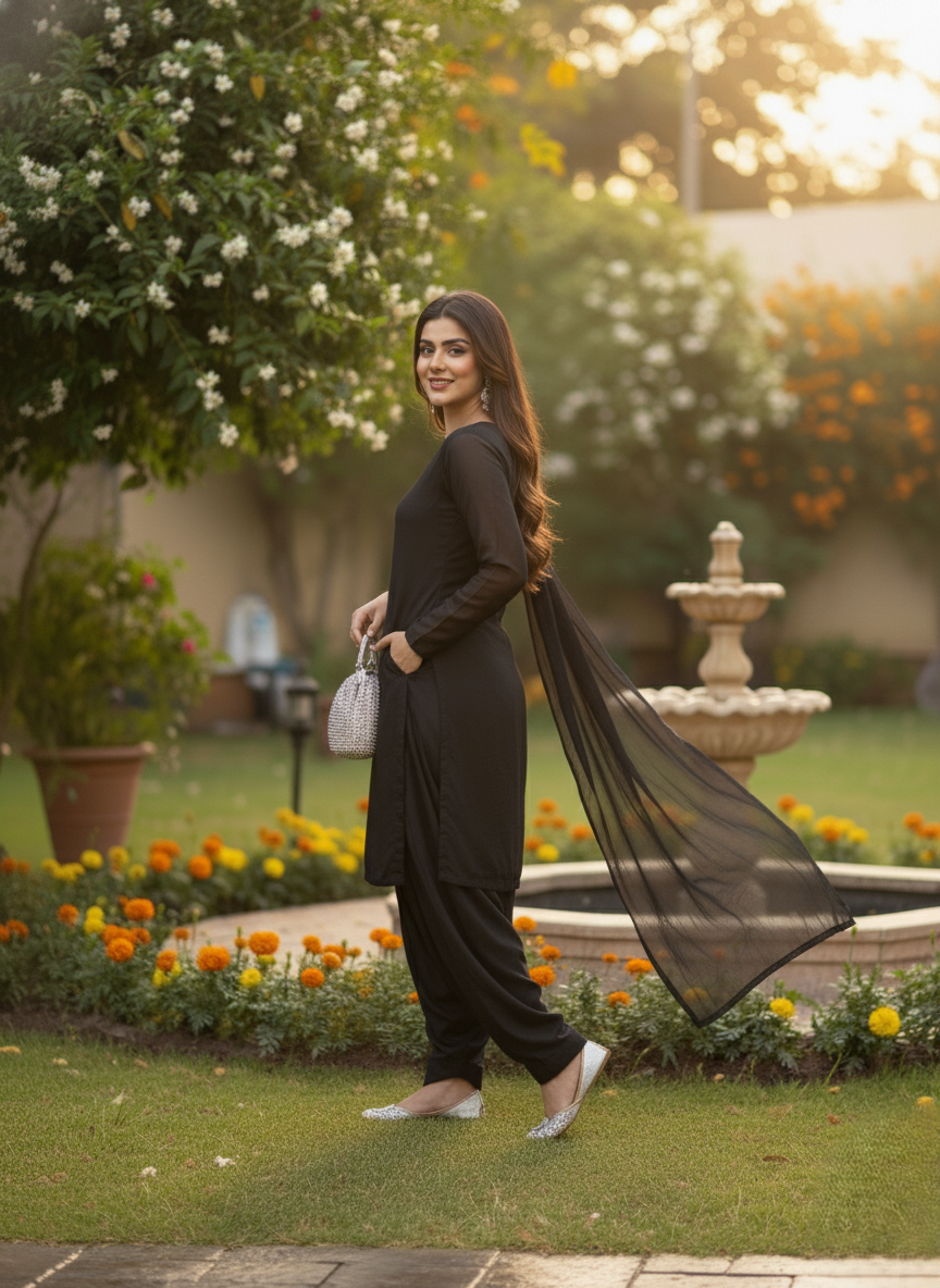 Party Wear 3-Piece Dress in Korian Silk with Organza Dupatta