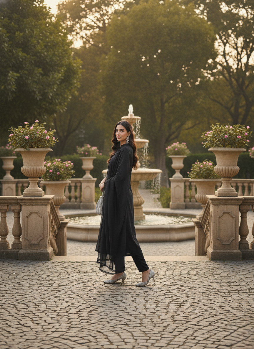 Black Pakistani Kurta pant set with chiffon Dupatta