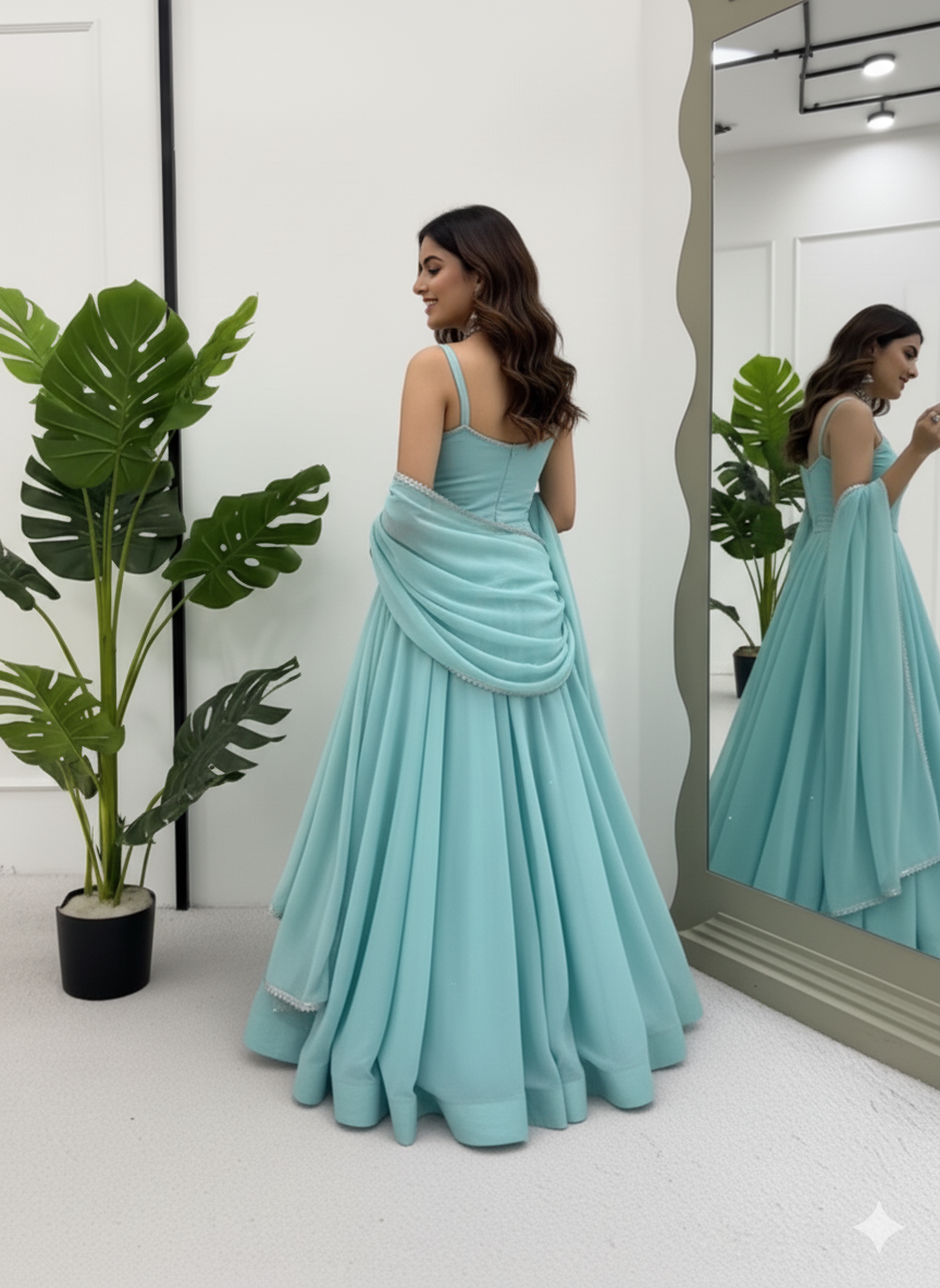 The Serene Sky Crunch Silk Anarkali Gown Set