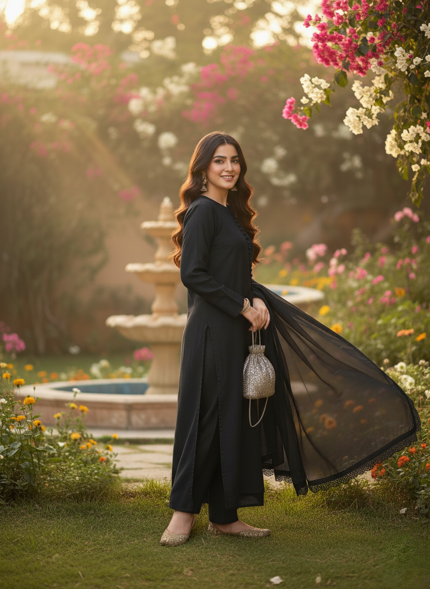 Black Pakistani Kurta pant set with chiffon Dupatta