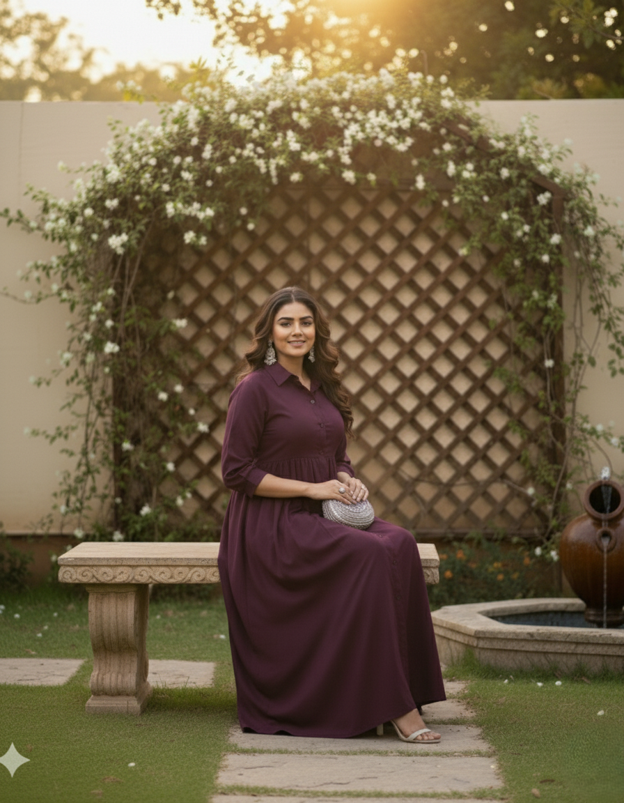 Women's Wine Rayon Long Shirt-Style Office Wear Dress with Front Slit