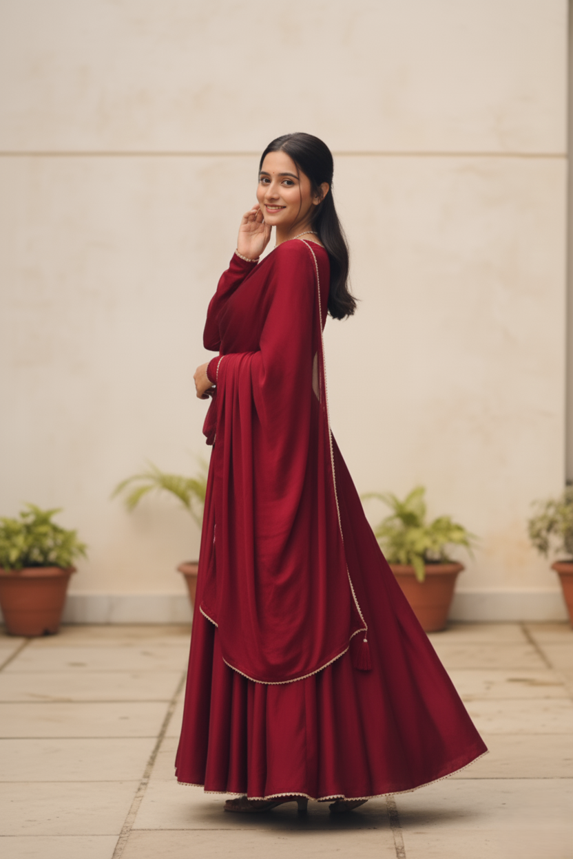 Maroon Pearl Border Anarkali Suit
