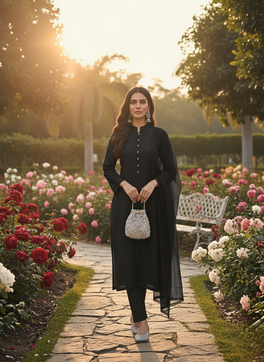 Black Pakistani Kurta pant set with chiffon Dupatta